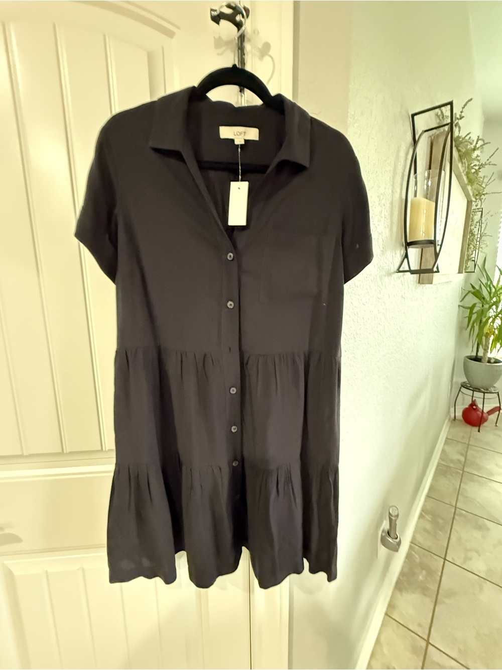LOFT Black Short-Sleeve Tiered Button-Front Mini Dress